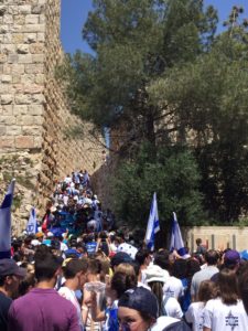 Image of March of the living participants marching through Jerusalem on the way to the Kotel, the Western Wall, on Yom Haatzmauth, Israeli Independence Day.