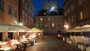 Image of Warsaw outdoor café at night scene.
